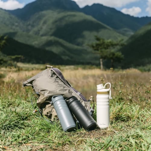 GRANDTIES Premium Vacuum Insulated Water Bottle, Stainless Steel Wide Mouth, 709ml - Includes Two Lids & Easy-to-Clean Large Opening (Stone Gray)