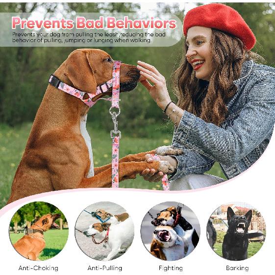 Dog Head Collar, Printed No-Pull Headcollar, Adjustable Dog Head Halter Gentle Lead with Safety Link, 3 Colors Muzzle Leash for Small Medium Large