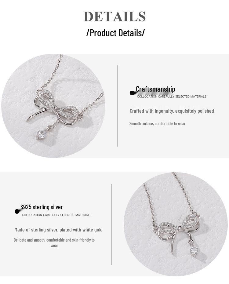925 Sterling Silver Bow Necklace - Women's Light Luxury Summer Style 2024 Clavicle Chain