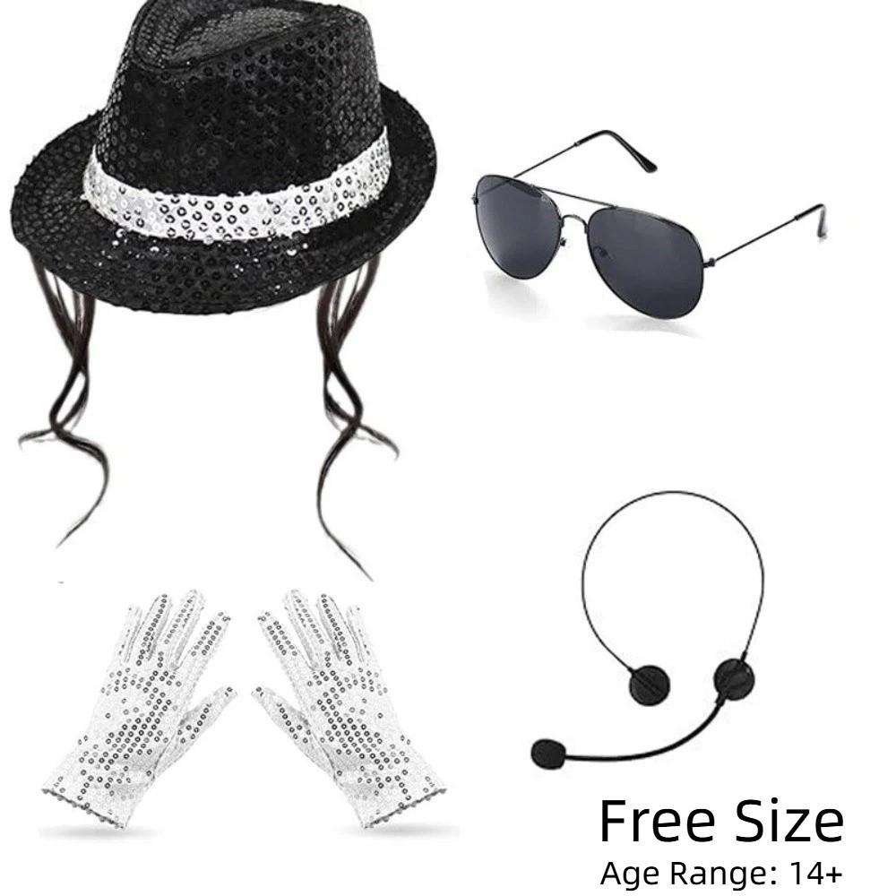 Rhinestone Gloves Costume Accessories Set Sequin Fedora Hat Halloween Costume 80s Theme Party