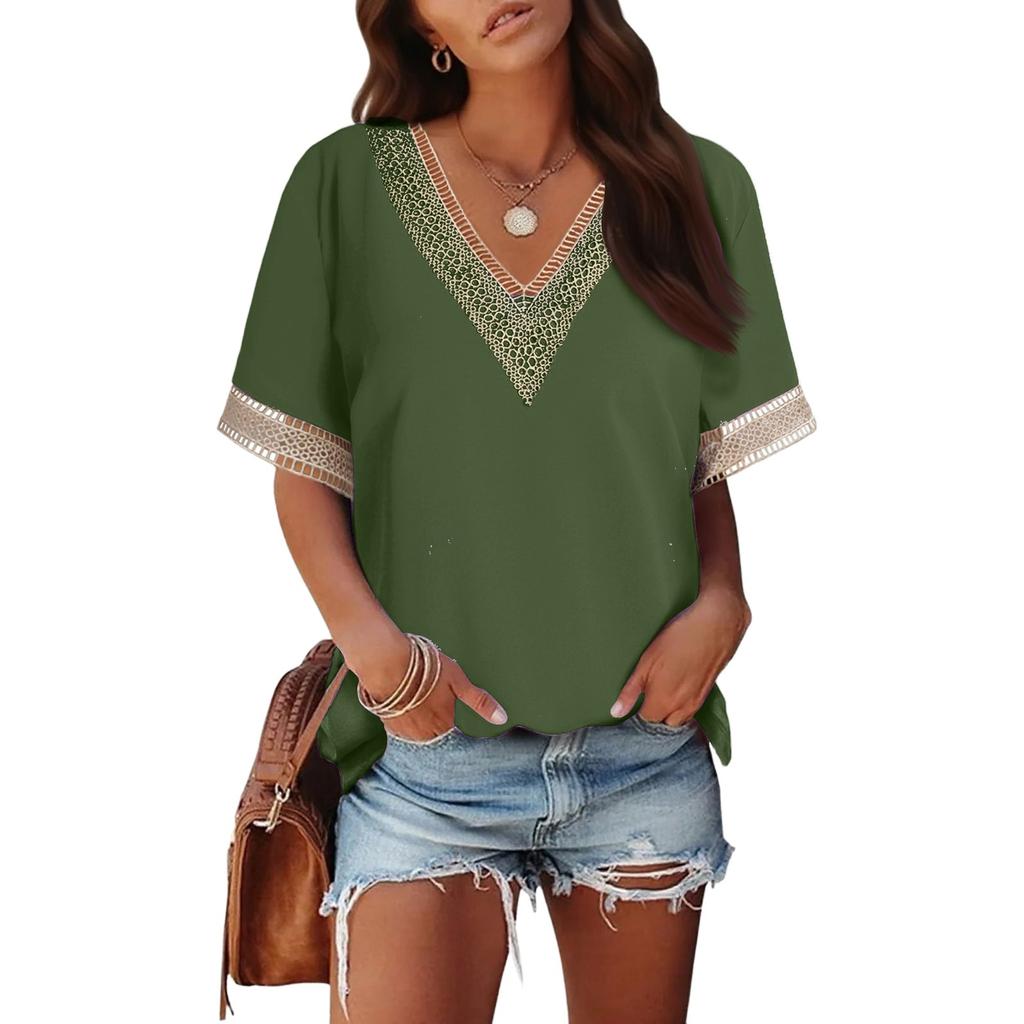 Women's Fashion Solid Color Loose T-shirt Lace Lace Short Sleeve Chiffon Top