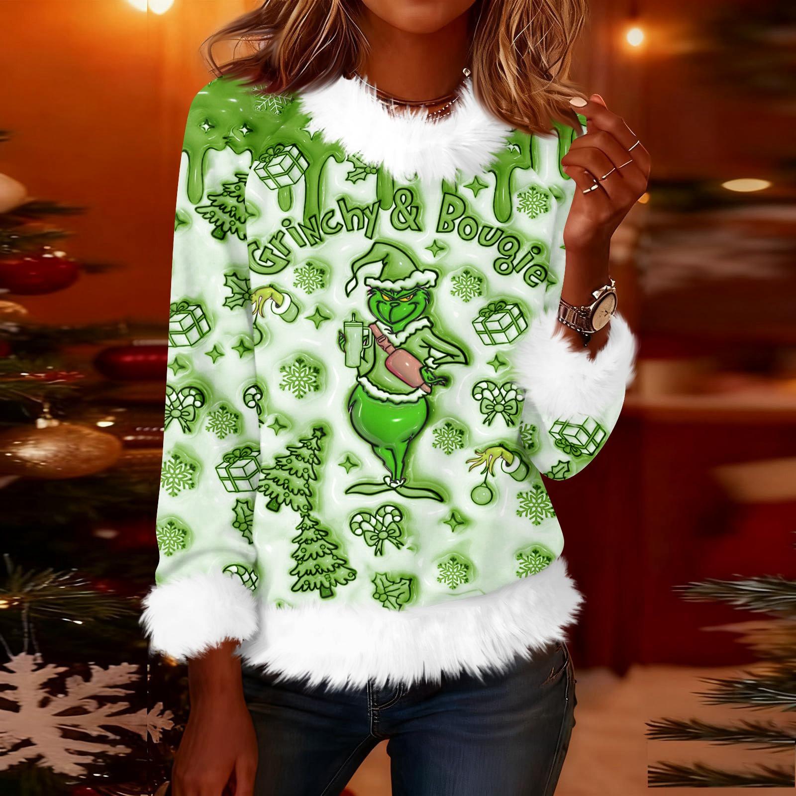 

Women s Fashionable Christmas Printed Round Neck Long Sleeved Casual Pullover T-shirt Top M зелений