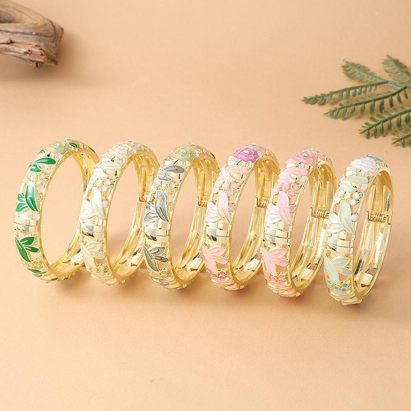 Vintage Colorful Rose Oil Drop Enamel Hollow Wide Cloisonne Bangle Bracelet