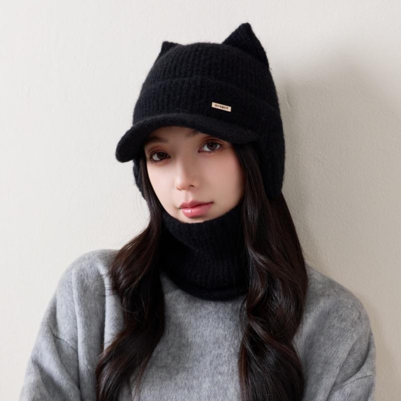 Internet celebrity cat ear knitted hat women's autumn and winter versatile velvet ear protection baseball cap cute thickened warm wool hat
