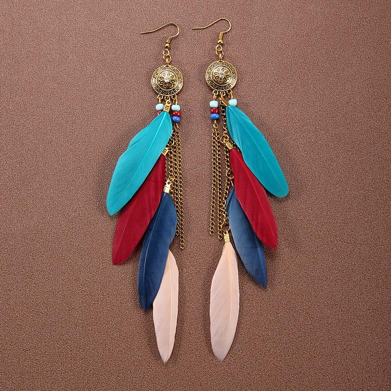 Bohemian Ethnic Long Feather Earrings For Women Retro Elegant Colorful Rhinestone Crystal Drop Earring Female Jewelry Pendientes