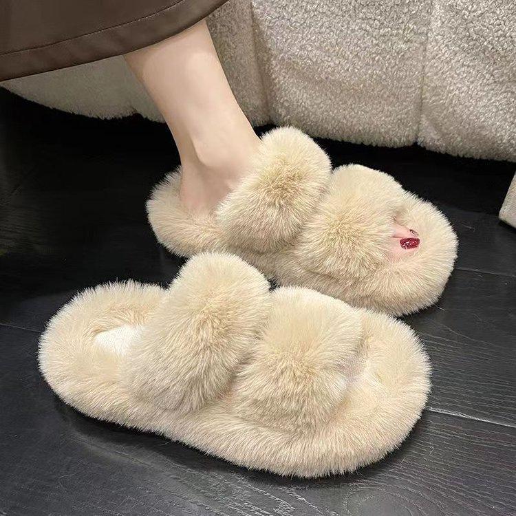 Muffin Thick-soled Fluffy Slippers 2025 Autumn and Winter New Outer Wear Heightening Soft-soled Home Household Cross-haired Drag Women's Shoes