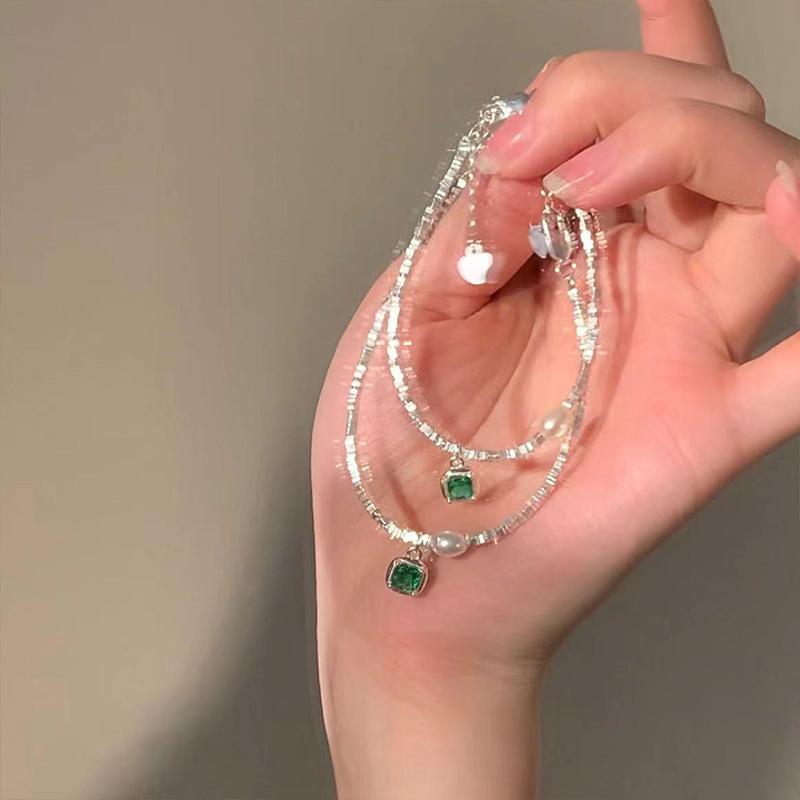 

Изумрудный циркон сломанный серебряный браслет с жемчугом женский нишевый ретро легкий роскошный высококачественный темпераментный универсальный браслет ювелирные изделия