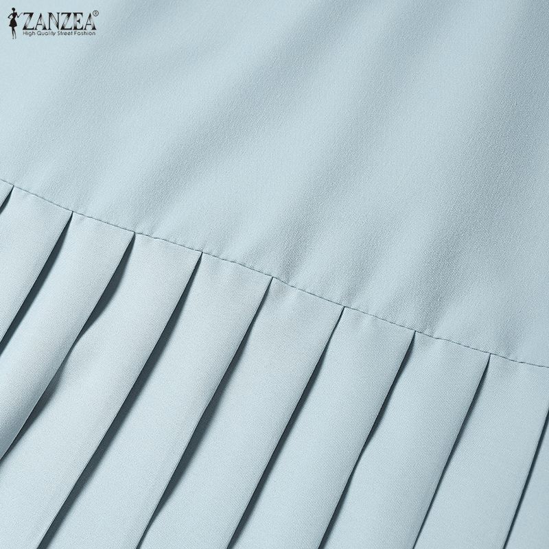 ZANZEA Women Casual Turn Down Collar Summer Short Sleeve Pleated Dress