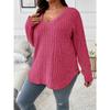 Top informal de punto acanalado vertical de manga larga con cuello en V para mujer, holgado, talla grande