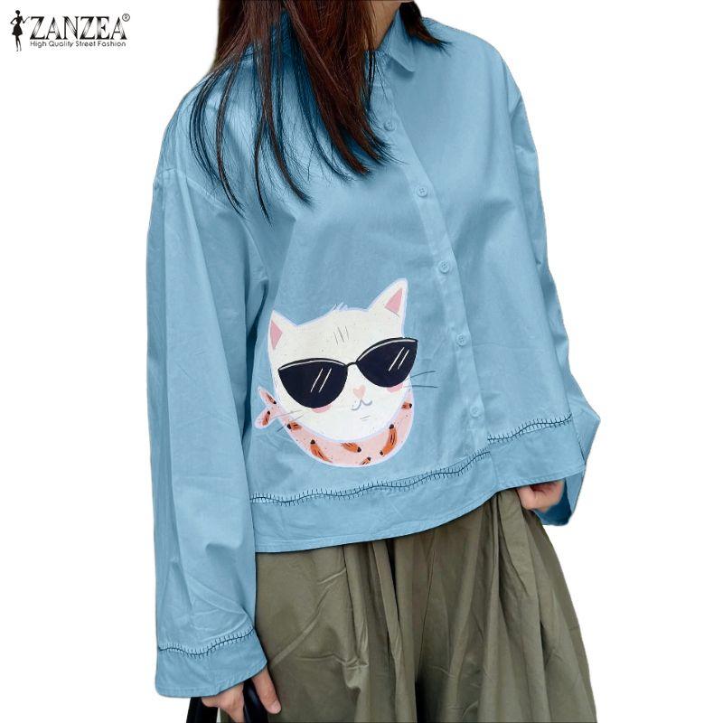 ZANZEA Women Casual Turn Down Collar Long Sleeve Print Blouse