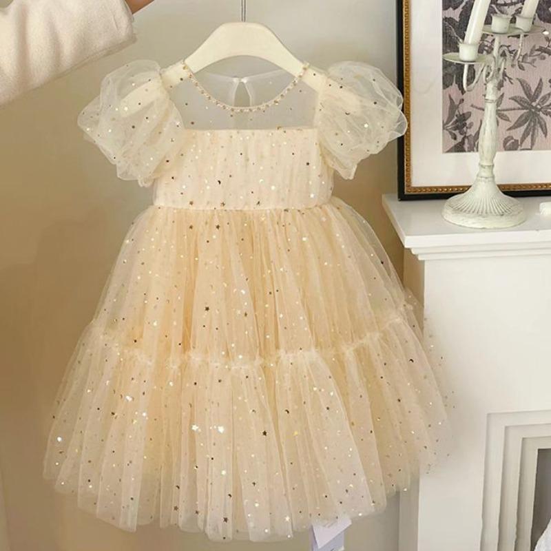 Kids Dress Girls'  Princess Birthday Party Bow Summer Skirt Baby Girl's Bubble Sleeve Mesh Sequin Sweet Cute Dress