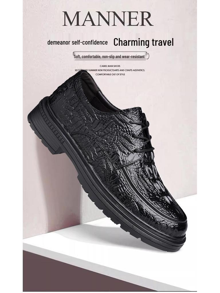 Men's Formal Casual Leather Shoes - Embossed Crocodile Pattern, Genuine Cowhide, Low-Top for Spring Workplace.