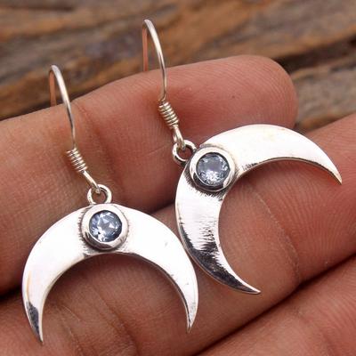 Blautopas Silber Halbmond Ohrring, 925 Sterlingsilber, Handgefertigter Schmuck, Damenschmuck