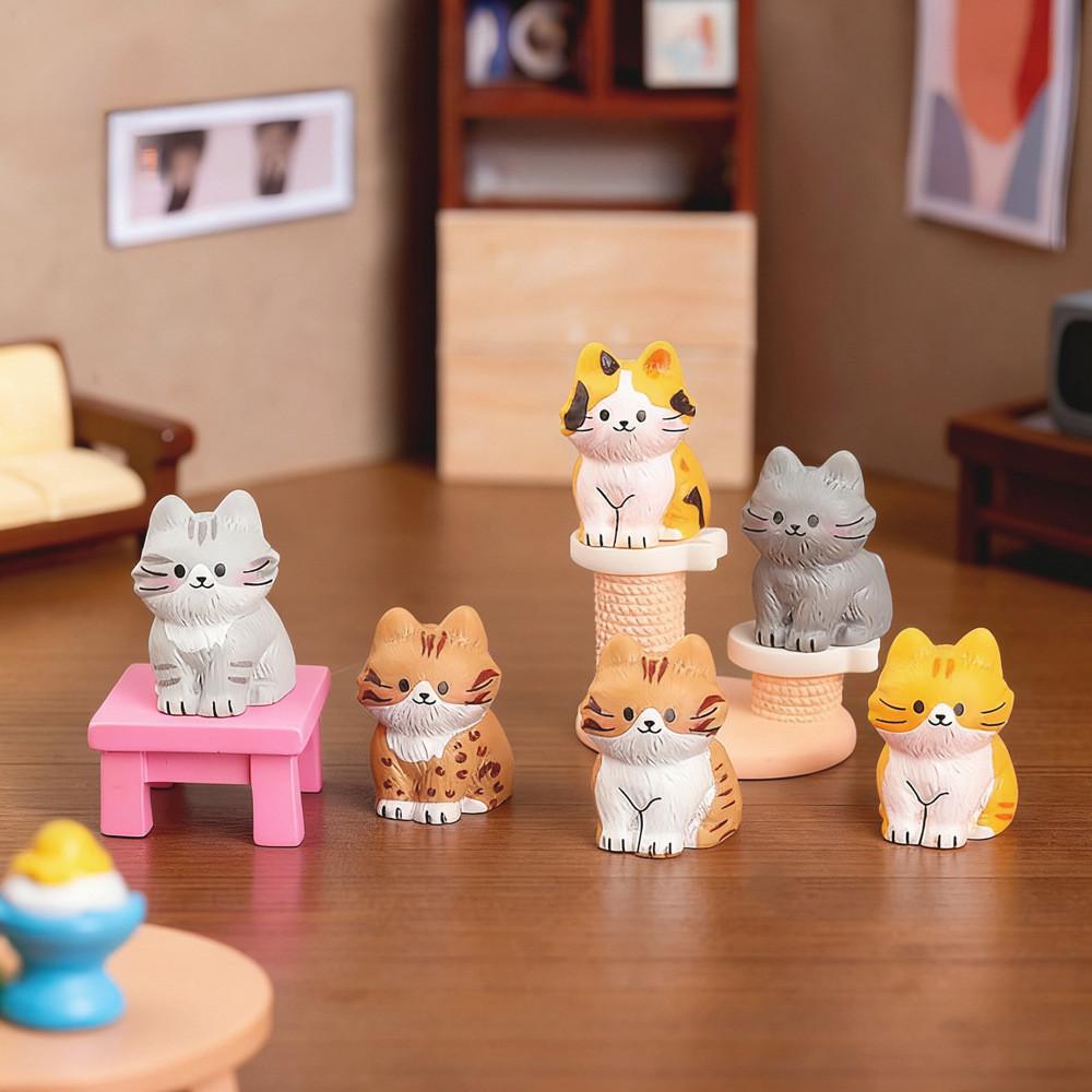 6Pcs/set Cartoon Cat Animal Miniatures Resin Desktop Ornaments Fairy Garden Decoration Micro Landscape