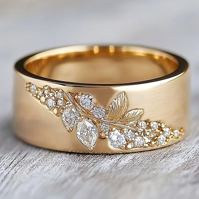 Aesthetic Inlaid White CZ Women's Ring Trendy Gold Color Hand Carving Leaves Daily Wear Party Jewelry Anniversary Gift