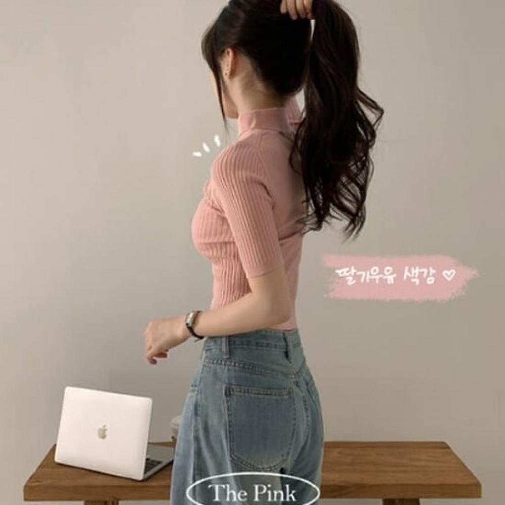The Pink Women Slim Ribbed Half Sleeve Knit