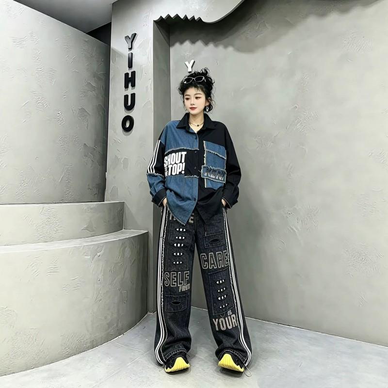 Womens Denim Shirt 2026 Street Style Polo Collar Long Sleeve Irregular Mid-Length Top With Letter Print