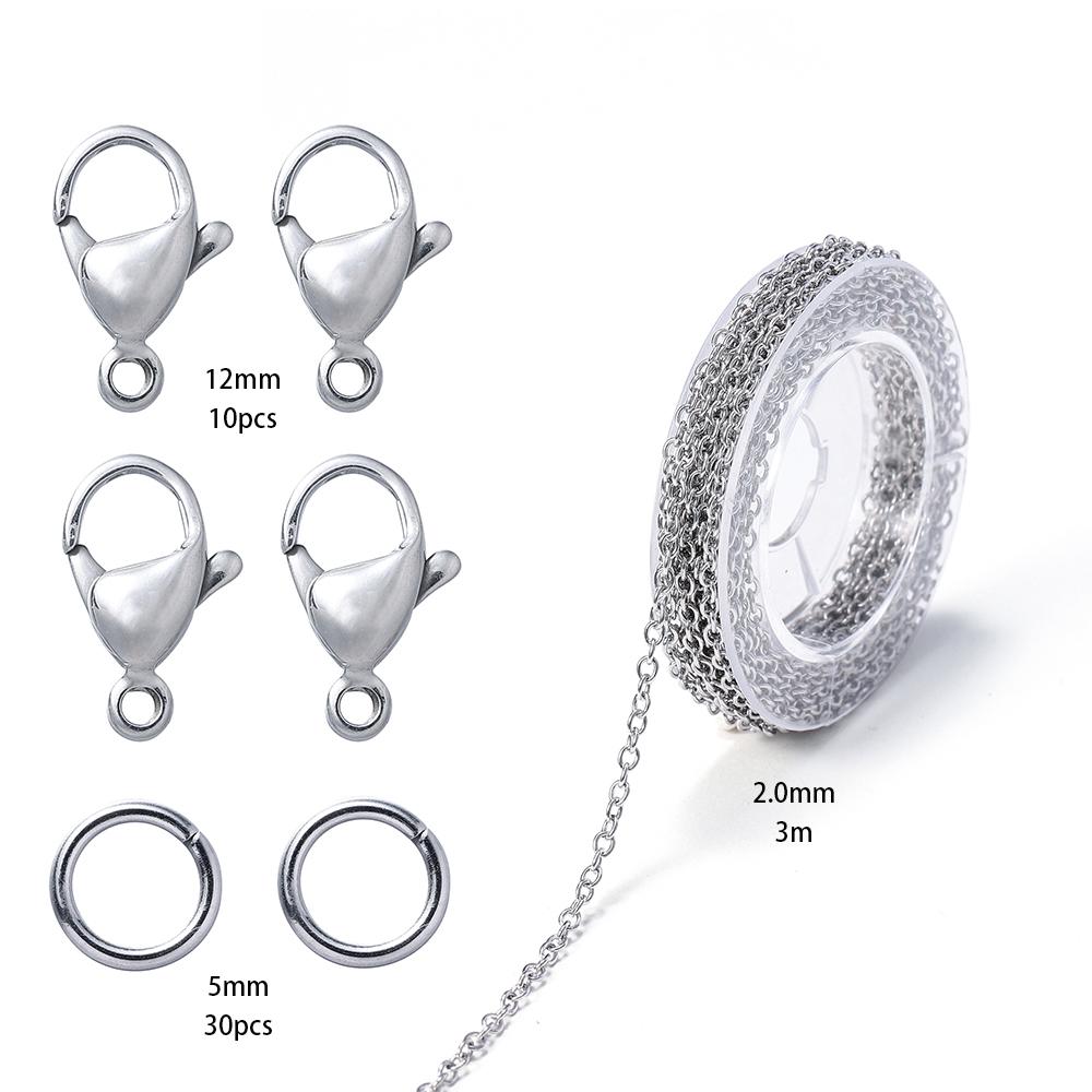 1Set 3m Stainless Steel Chain Bulk Chains Link Chain with Jump Ring Lobster Clasps Jewelry Making Set for DIY Necklace Supplies