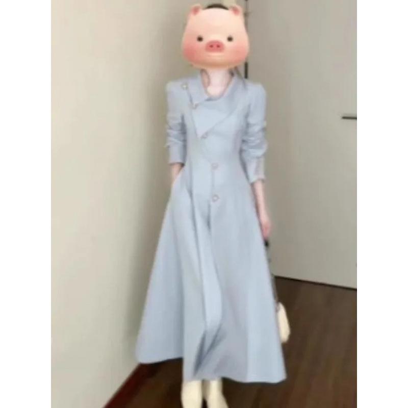 

Elegant Blue Lapel Trench Coat - Stylish Mid-Length for Autumn Small синій