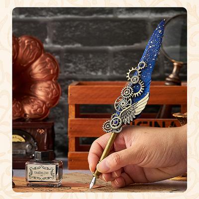 Vintage Mechanical Feather Dip Pen Set,Ink-Containing,Penholder,Bookmark,Art Calligraphy Signature Pen Holiday Gift Giftboxed