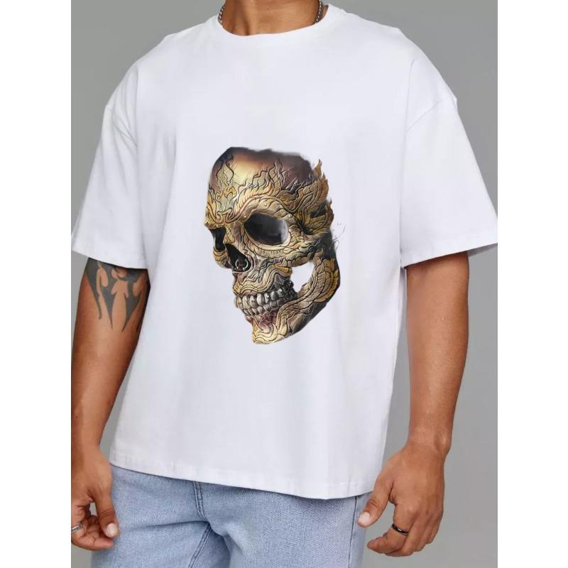 Crew Neck T Shirt White Skull with Tribal Design Graphic Print for Casual Wear