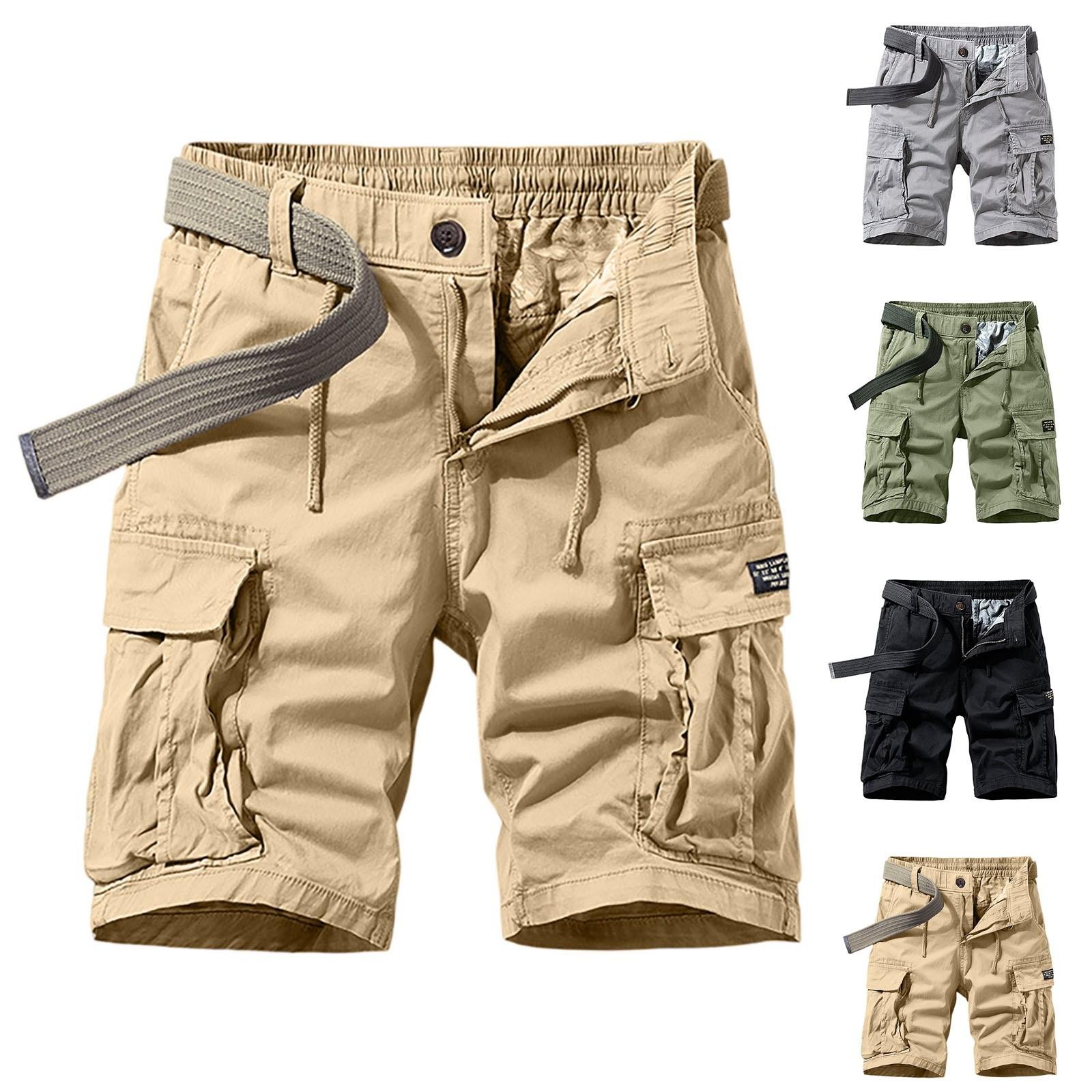 

Men s Vintage Cotton Cargo Shorts - Multi-Pocket Zippered Elastic Waistband Pre-Washed Military XXXL