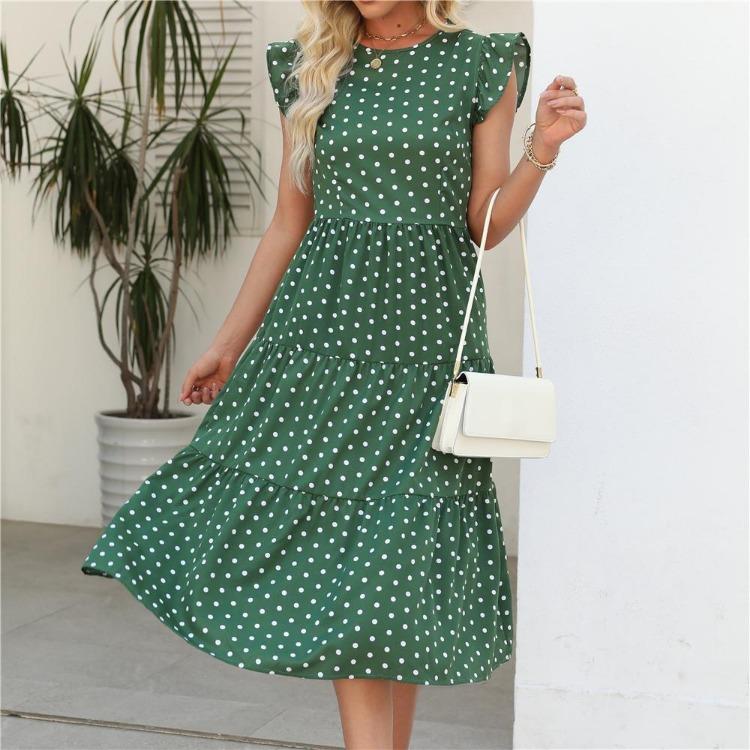 Summer Women Long Dress Polka Dot Print Round Neck Ruffled Sleeveless