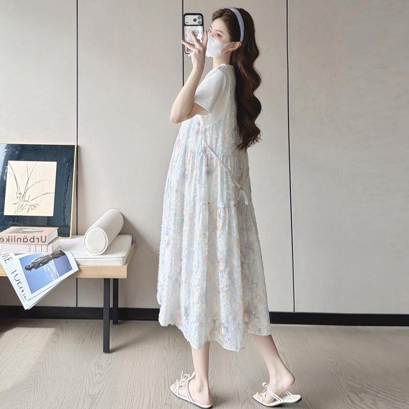 Elegant 2026 Summer Plus-Size Maternity Slimming Dress - French Splicing, Sweet, Fake Two-Piece XL