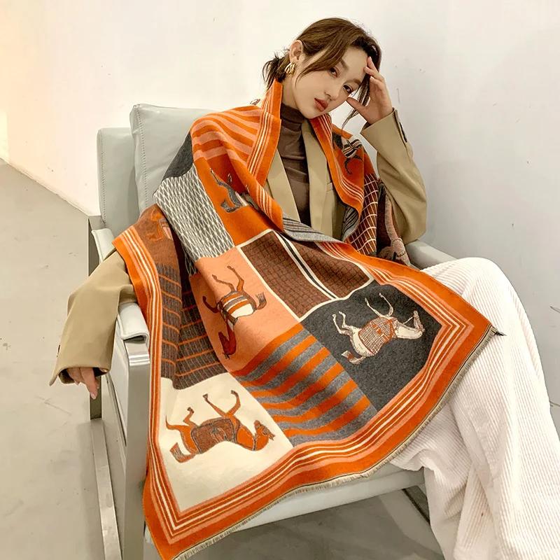 New Luxury Winter Cashmere Scarf Women Design Warm Pashmina Blanket Horse Scarves Female Shawl Wraps Thick Foulard Bufanda