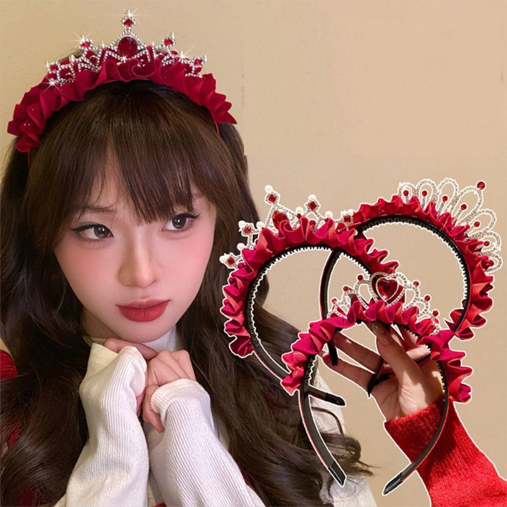 Rhinestone Princess Crown Hair Hoop New Year Red Head Wear Sweet New Year Headband  Children