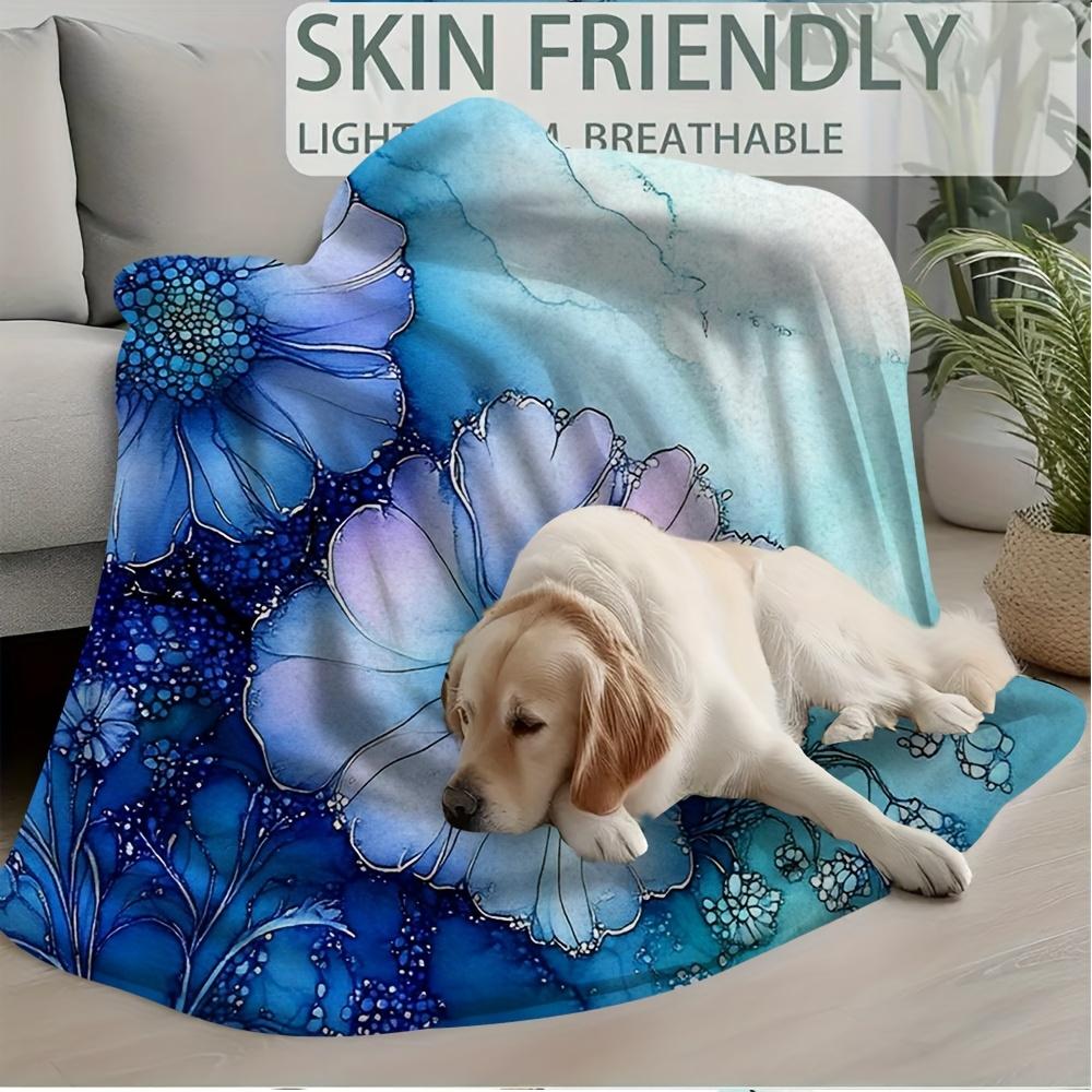 1pc Oversized 60x 80 Inch Soft Blanket-one-sided Printed Floral Print with Blue Flower Blanket In Alcohol Ink