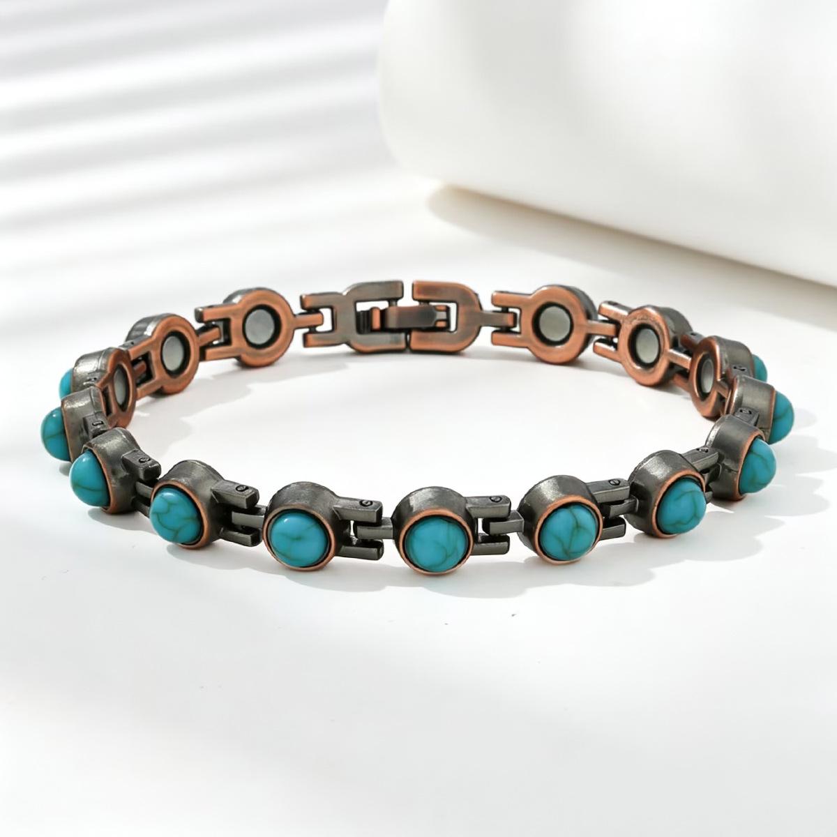 Turquoise and Antique Red Copper Magnetic Bracelet - Retro Zinc Alloy Couple Design