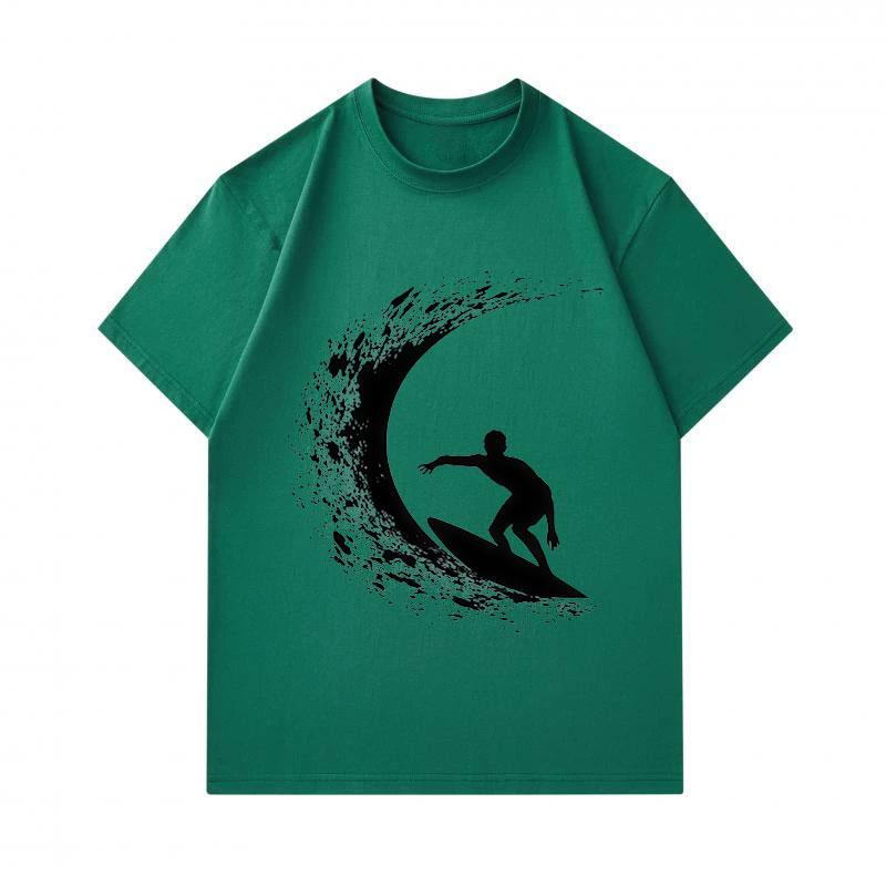 Men's 100% Cotton Crew Neck Short Sleeve T-Shirt, Surfing Silhouette Wave Graphic Print Casual Summer Breathable Soft Tee for Daily Outdoor Surf Sport