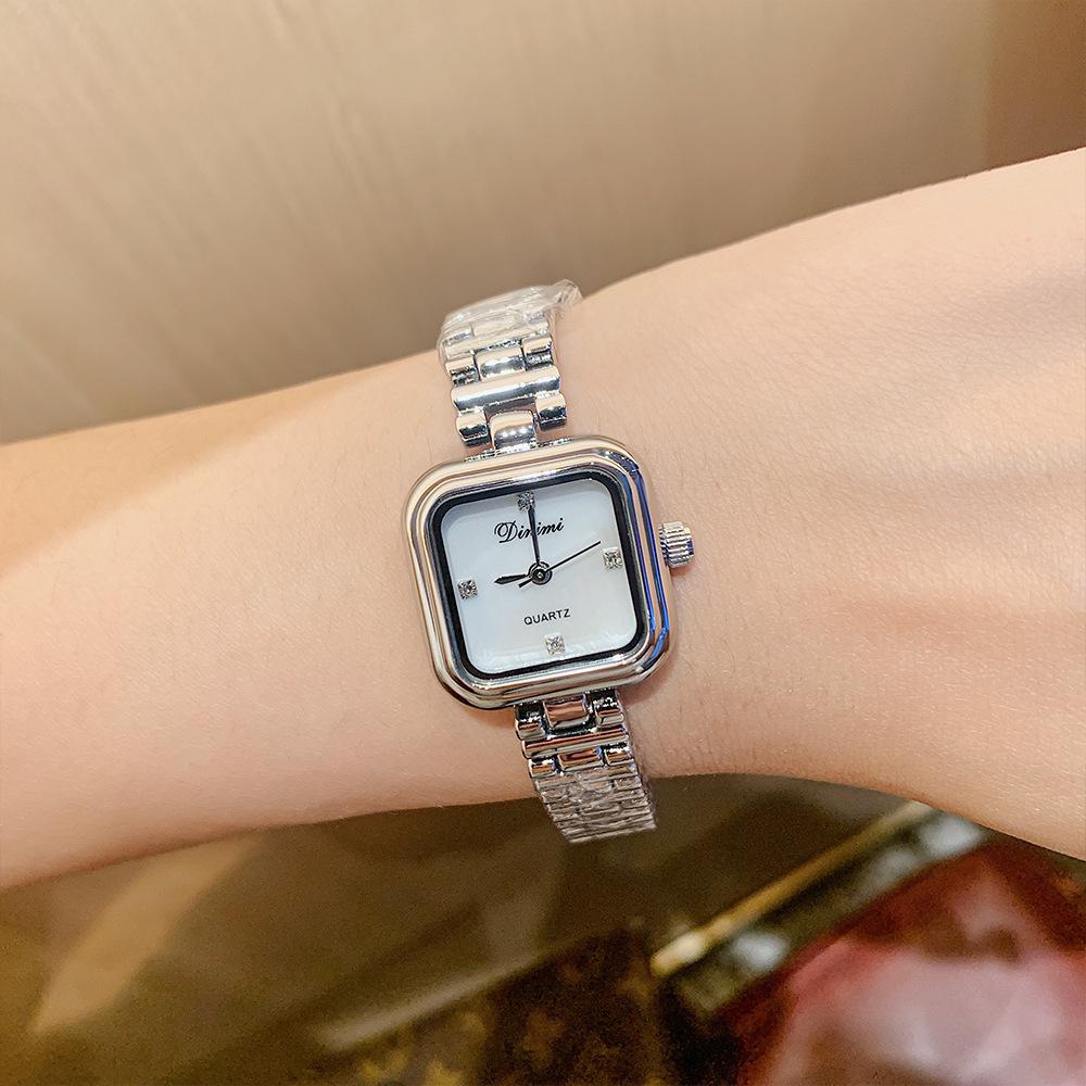 Ceas de damă cu temperament din sidef, ceas retro la modă, mic pătrat, ceas cu cuarț simplu din oțel