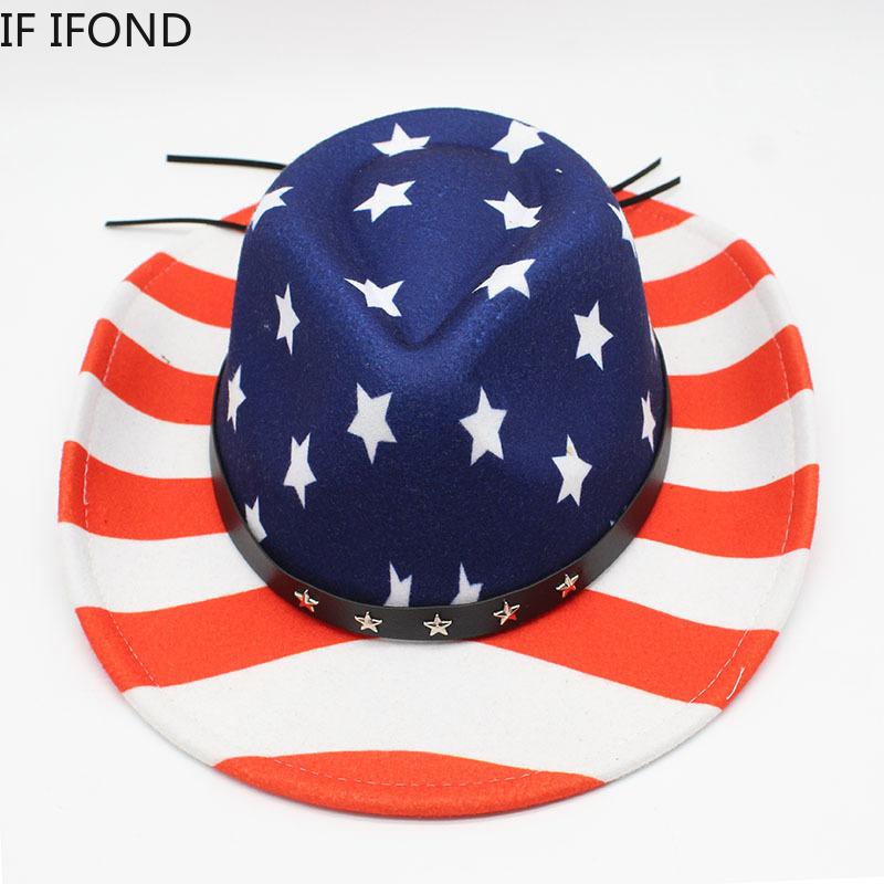 New USA Flag Print Western Cowboy Hat For Women's Men Fashion Party Panama Fedoras Hat Cowgirl Felt Jazz Cap