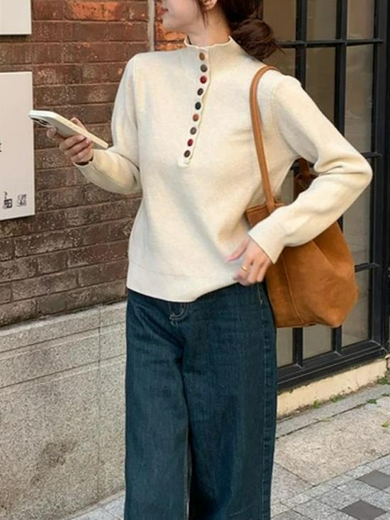 Women's Half-Open High-Neck Knit Top: Elegant and Versatile Base Layer or Outerwear for Autumn/Winter.