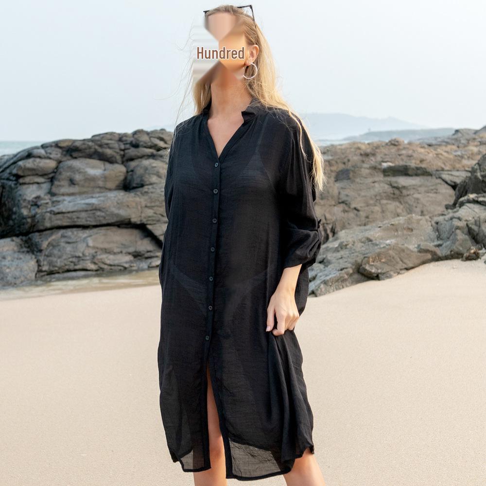 Plus Size European & American Beach Cover-Up Robe - Sexy Loose Shirt Style Long Dress for Women