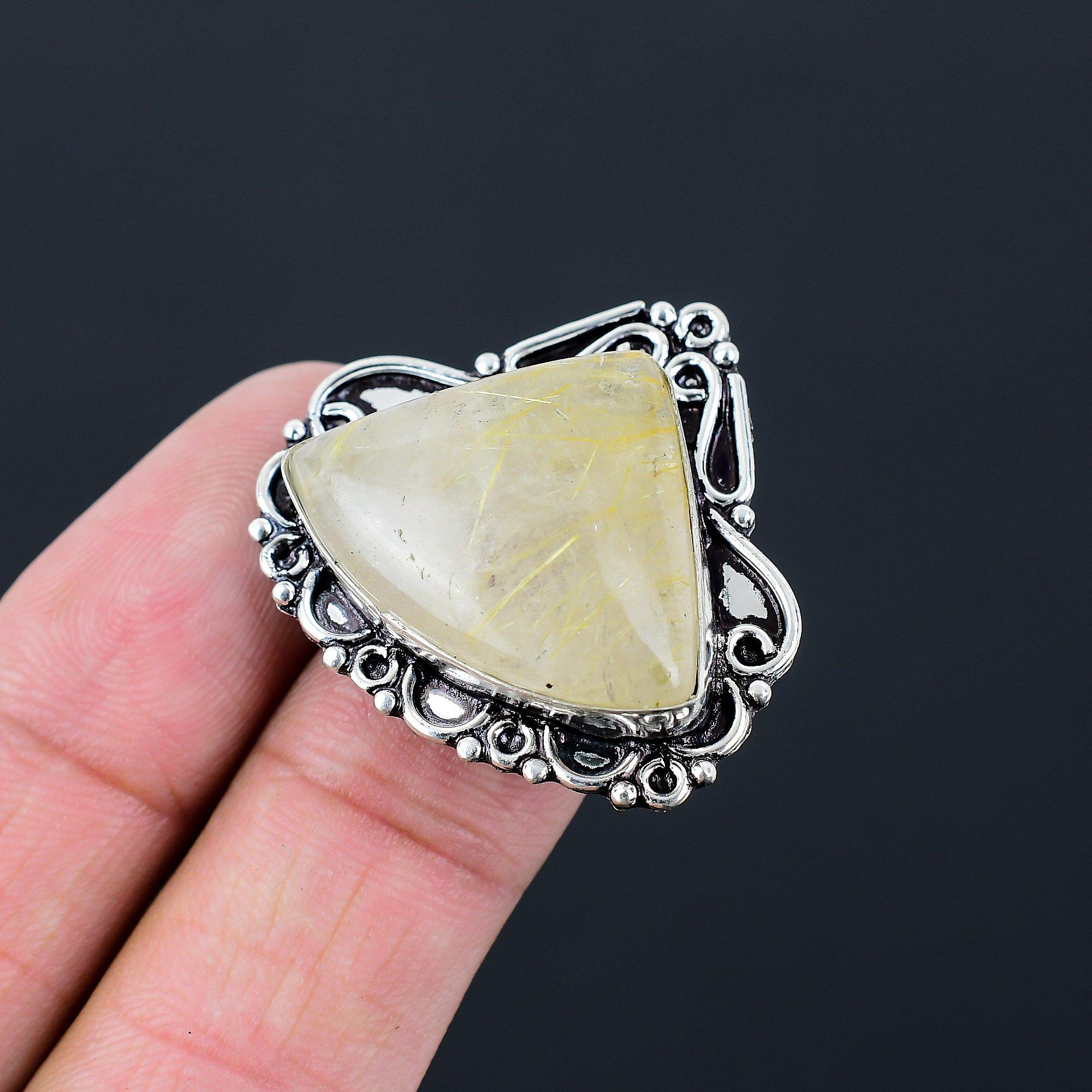Daughters Day Sale 925 Silver Golden Rutile Gemstone Boho Statement Ring Size 6 6