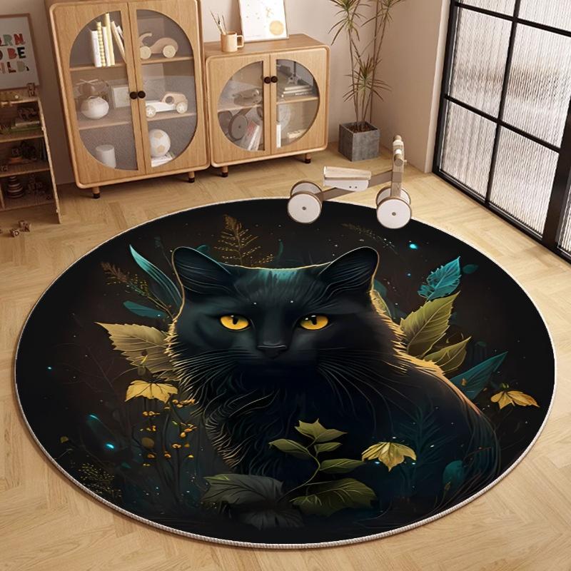 Mystical Black Cat Round Area Rug Non-Slip Floor Mat for Bedroom Witchy Cottagecore Home Decor