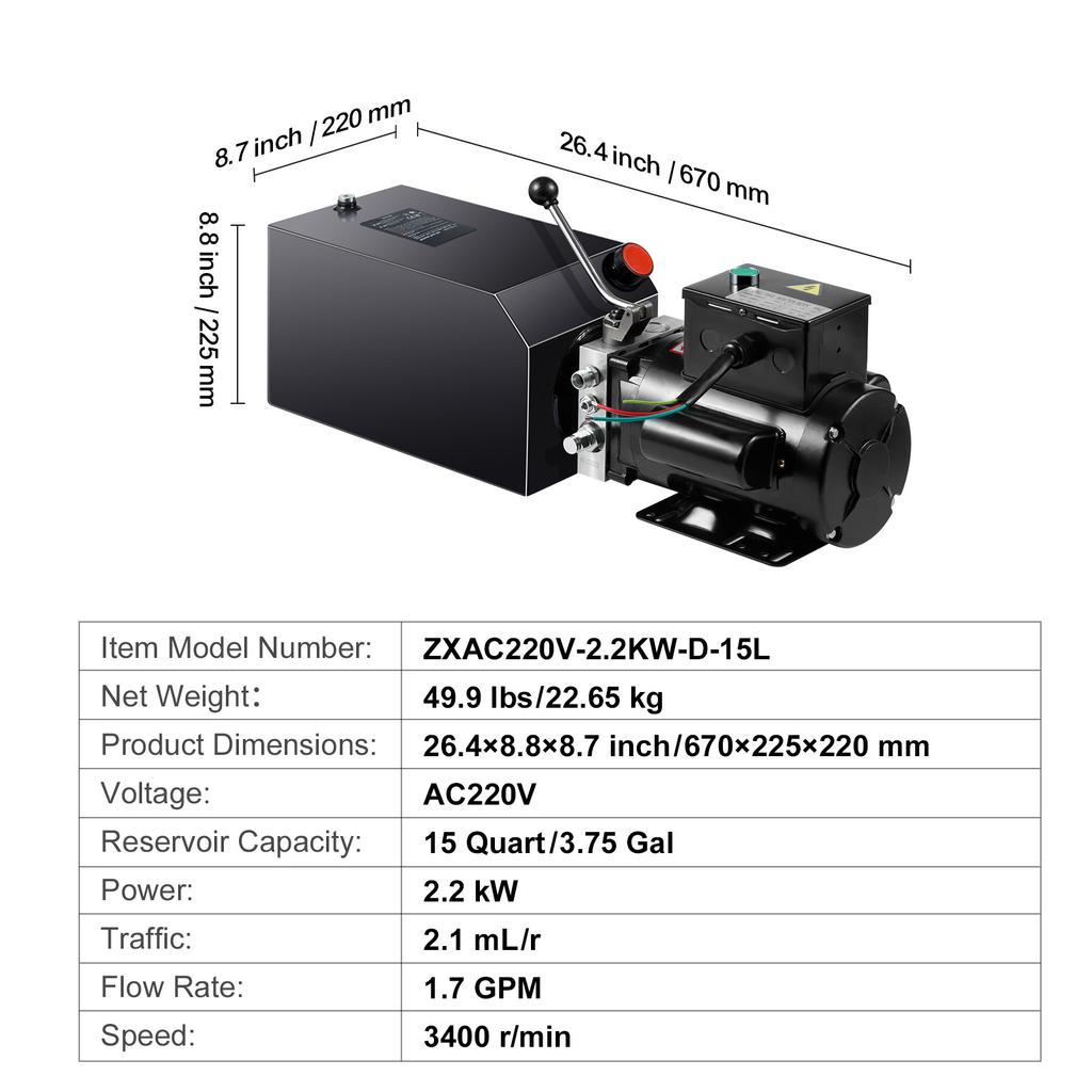 SucceBuy Hydraulic Power Unit 10/15 Quart Hydraulic Pump AC 220V Single-Acting Dump Trailer Pump, Hydraulic Pump for Car Lifting