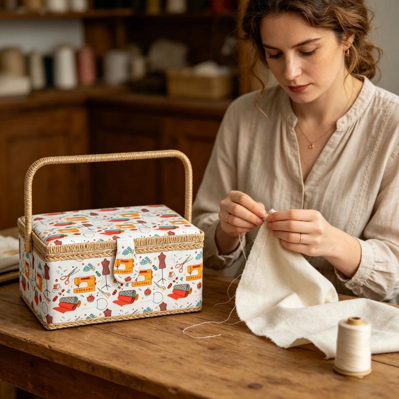 Large Capacity Fabric Sewing Box With Magnetic Closure And Adjustable Compartments For Crafting And Needlework Storage