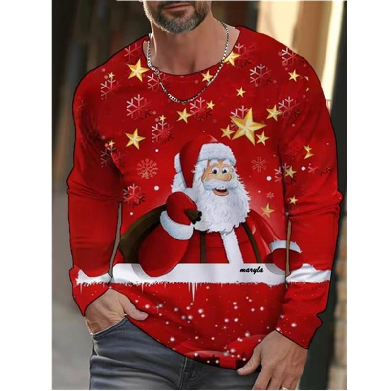 Funny Christmas Style Pattern T-Shirt For Men Elk Santa Gift 3D Print T Shirts Autumn Casual Long Sleeves Loose O-Neck Tops Tees