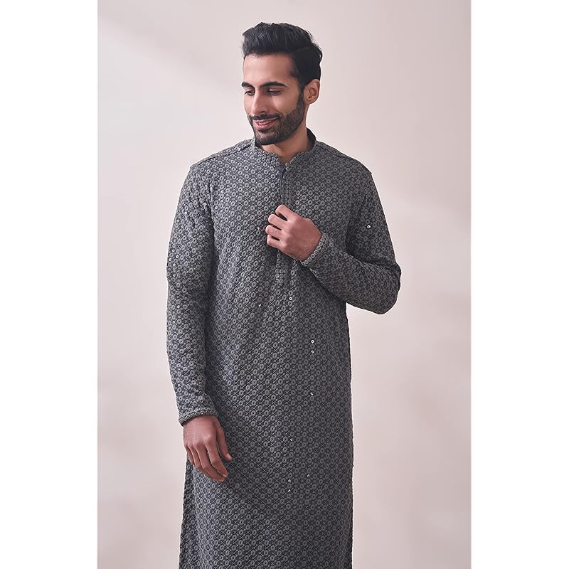 Manyavar Grey Viscose Full Sleeve Kurta Set Traditional Kurta Set for Men (L) L серый