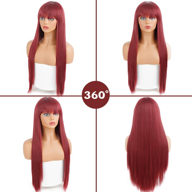 XINRAN Lange gerade weinrote Perücke mit Pony, synthetische Perücken für Frauen, hitzebeständiges Naturhaar für die tägliche Halloween-Cosplay-Party