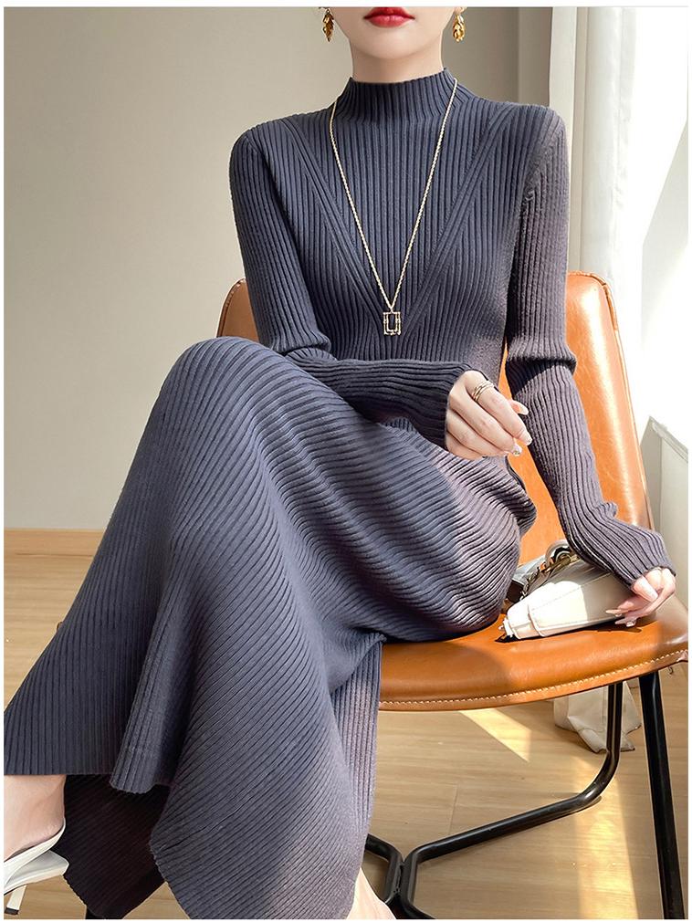 New Autumn/Winter Slimming Knit Dress for Women - Half-High Neck, Figure-Flattering, Long Length Bodycon Skirt