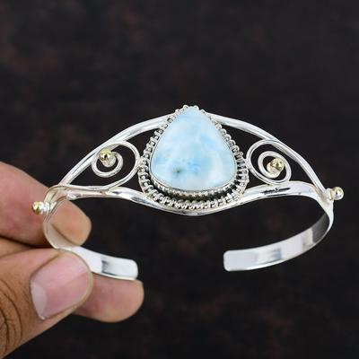 Larimar Gemstone Bangle 925 Sterling Silver Bangle Handmade Bangle 18K Gold Plated Adjustable Cuff Bracelet Gift For Women Larimar Jewelry