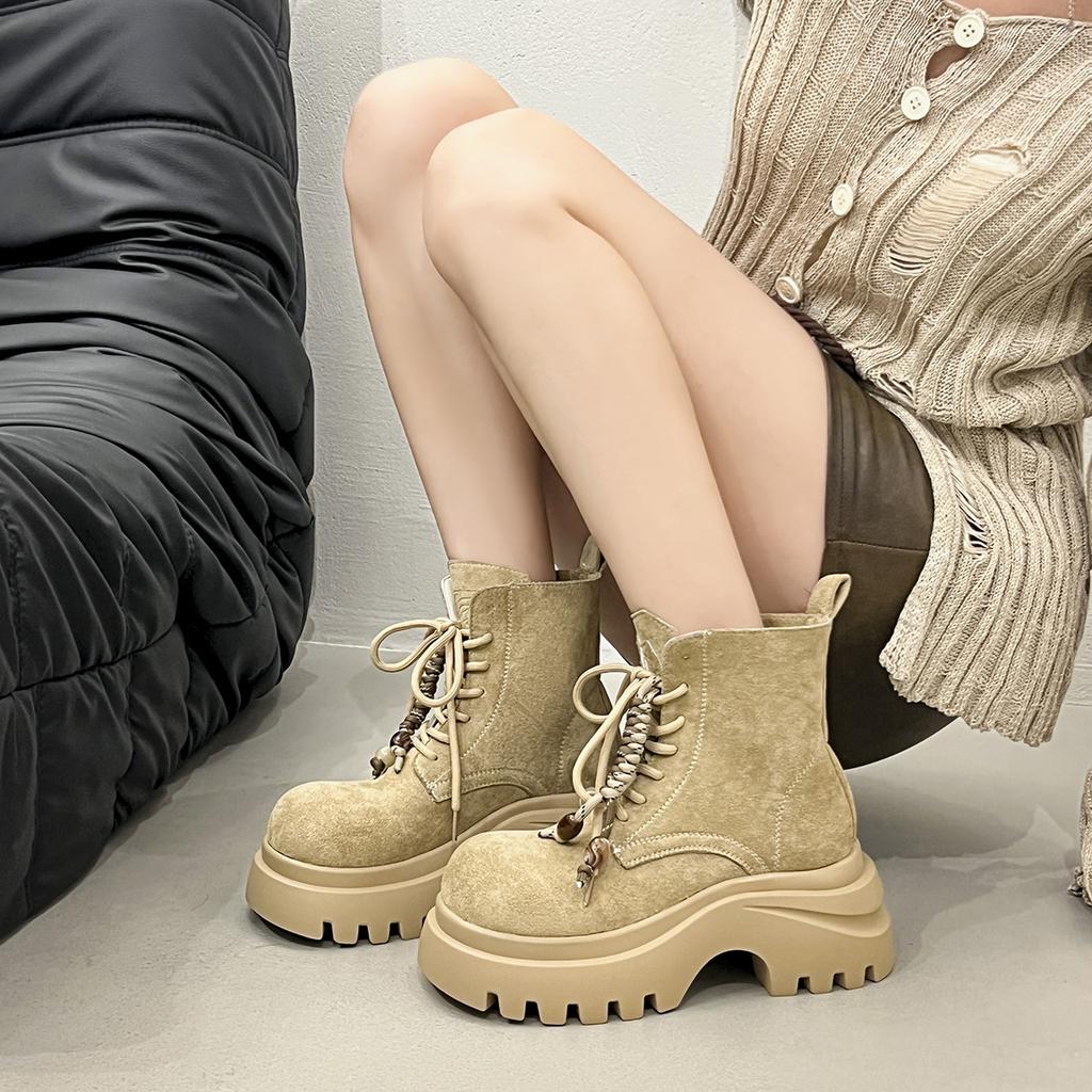 Thick-soled Heightened Big-headed Ugly Cute Martin Boots Women's 2025 New Autumn and Winter Fringed Locomotive Boots Short Boots Rhubarb Boots