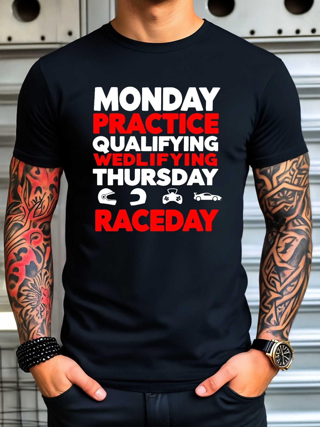 

Navy Blue Cotton Blend T-shirt with Monday Practice Qualifying Wedifying Thursday Raceday Graphic - Casual Summer Sportswear L