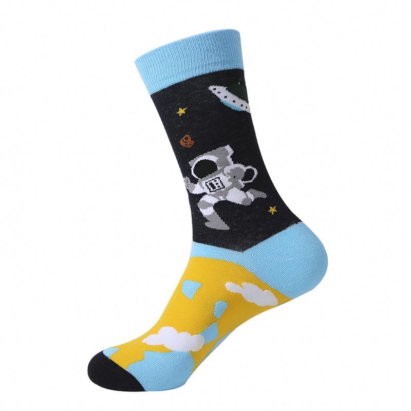 1Pair Funny Ins Astronaut Airplane Heavenly Body Middle Tube Men Happy Socks Streetwear Cotton Male Skateboard Boys Adult Sox