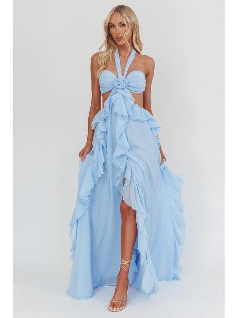 European & American 2026 Women's Elegant Chiffon Ruffle Slit Long Dress